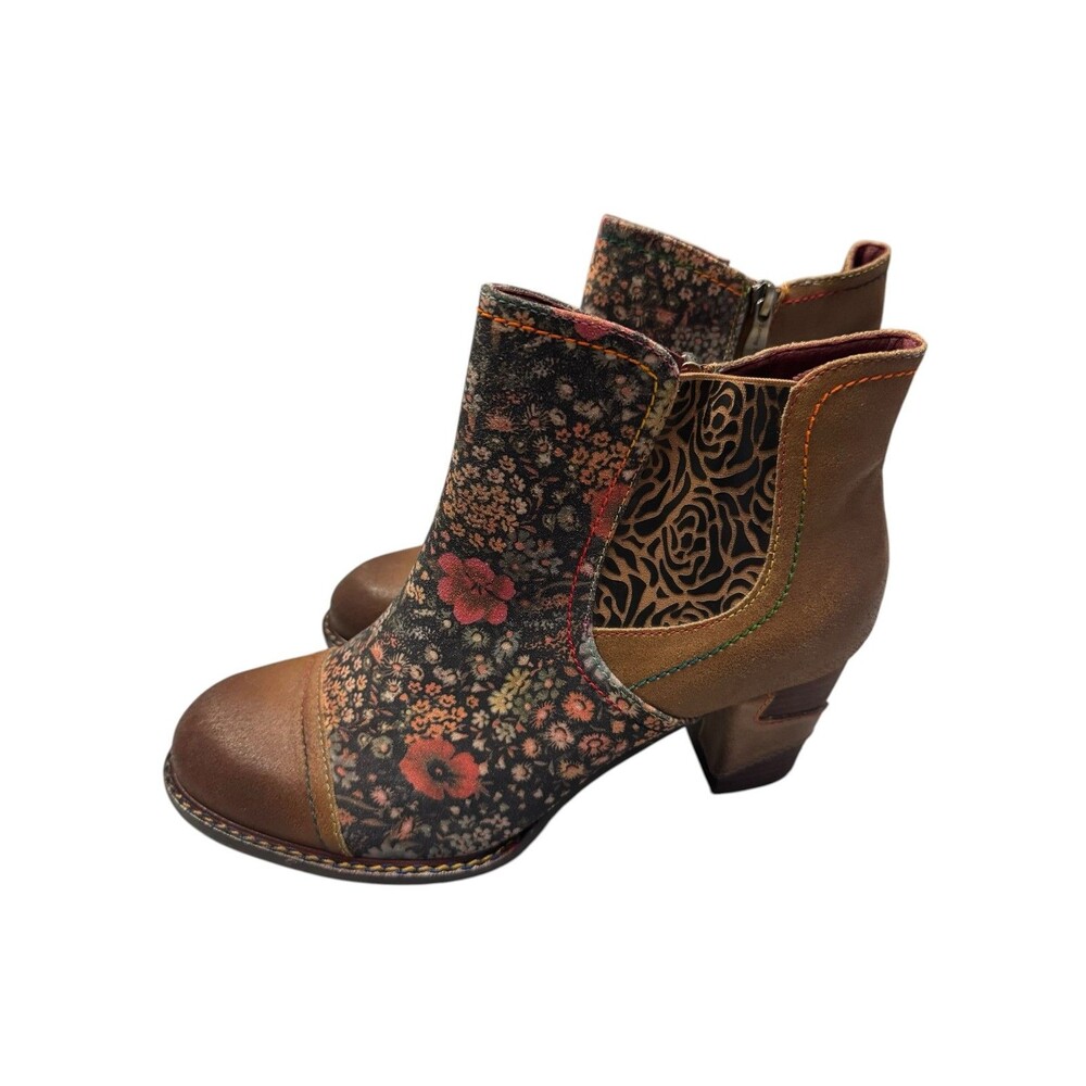 L'Artiste Melvina Boots Womens Size 10 Brown Floral Leather Ankle Zip Block Heel